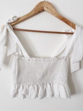 SHEIN White Smocked Tie-Shoulder Ruffle Crop Top small